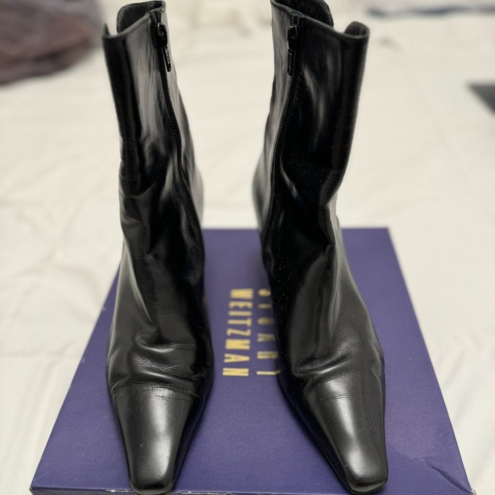 Stuart Weitzman Bonsoir black calf leather bootie size 10.